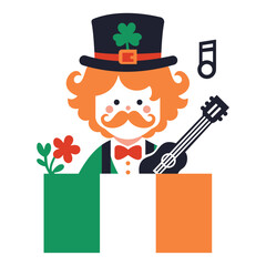 Vector Irish Musician with Guitar and Irish Flag: Celebrating the Spirit of Ireland Through Music, Culture, and Heritage.