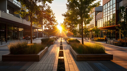 A city street with a sidewalk and a row of trees