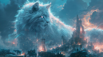 A majestic, giant cat with glowing fur, demolishing a mystical city with enchanted towers, Fantasy, Soft pastel colors, Digital art