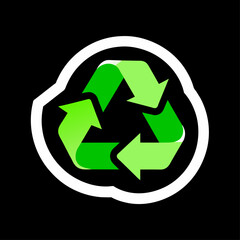 Green recycling symbol with three arrows in circle on black background