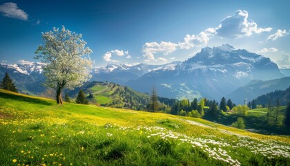 Obraz premium Idyllic mountain landscape in the alps on a sunny spring day with blooming meadows