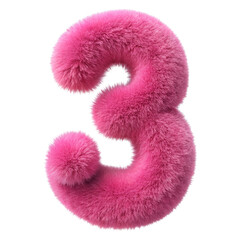 Pink Fluffy 3D Number 3 cut out isolated PNG transparent
