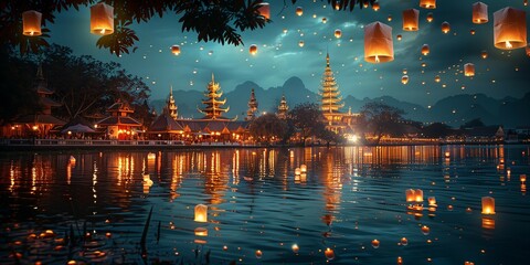 Fototapeta premium Night Sky Aglow with Lanterns at Thai Street Festival, generative ai