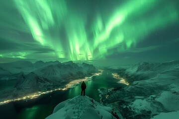 A breathtaking view of the Northern Lights over snow-covered mountains in Norway, with vibrant green lights dancing above an icy lake and cityscape below. The photo captures the awe-inspiring 