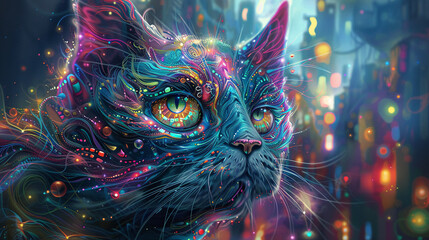 Psychedelic giant cat with swirling, multicolored patterns, destroying a surreal, vibrant city, Psychedelic, Bright and neon, Digital painting