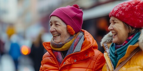Fototapeta premium Two elderly friends wearing vibrant winter clothes share a laugh on a bustling city street