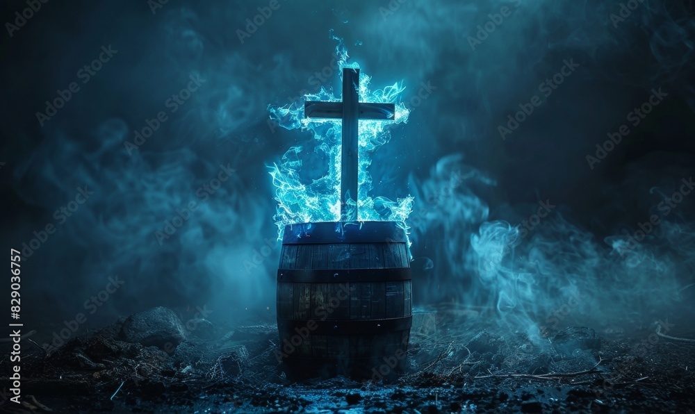 Wall mural a bright large christian cross burning with blue fire, placed on a barrel in the background, placed 