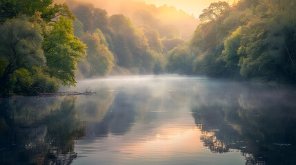 A calm lake with a tree in the foreground
