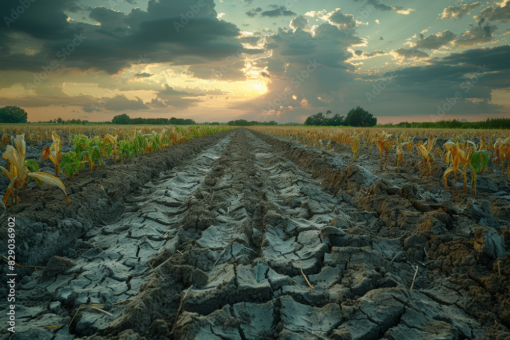 Sticker a barren field with parched soil and wilted crops, illustrating the impact of drought on agriculture