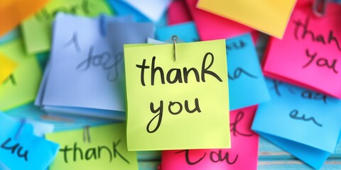 Close-up of a 'thank you' sticky note among a collection of colorful reminder notes