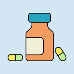 Medicine bottle and pills vector icon. Medicament