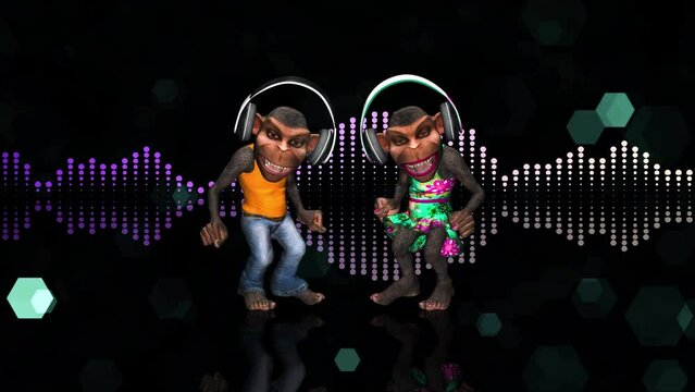 Two Funny Fancy Chimps in Headphones Dancing on Stage Floor - Colorful VJ Loop - Artistic 3D animation of two chimpanzee monkeys happily jumping with rhythmic music light reaction effect on background