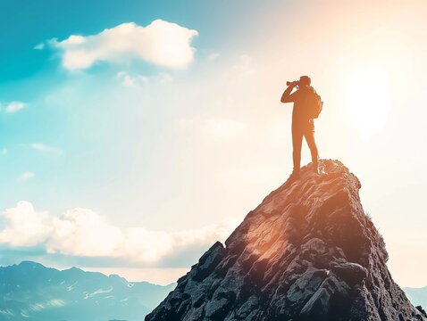 young man standing on a mountain hill and looking into the binoculars in the distance, vision for success ideas