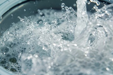 Water splashes in washing machine drum, close-up on white background, laundry concept