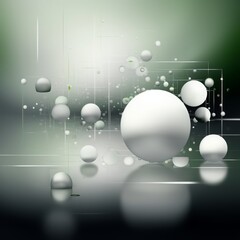 Abstract illustration featuring white spheres and straight lines on a gradient black-green-white background