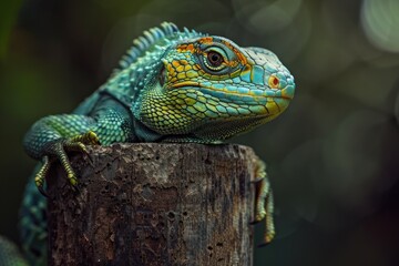 Fototapeta premium A lizard perched on a wooden post. Suitable for nature and wildlife themes