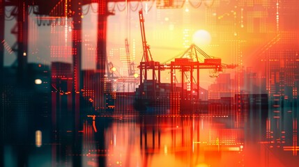 Fototapeta premium A vibrant shipyard scene with close-up details of cargo containers, featuring double exposure silhouettes of cranes. Ideal for industrial, transportation, and shipping themes. Copy space available.