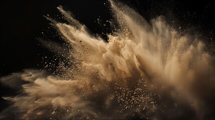 Sandy explosion isolated on over dark background, Sand explosion with splashes