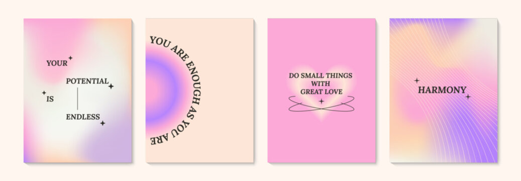 Aesthetic abstract gentle gradient background with ispiration and motivation quotes and phrases posters on blurred pattern. Modern print for social media stories, album covers, banners, templates