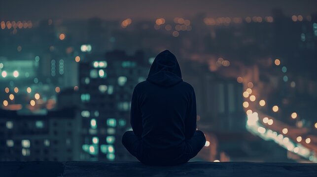 back view of hacker in sport suit standing on roof top above night megapolis city, anonymous faceless man in a hood