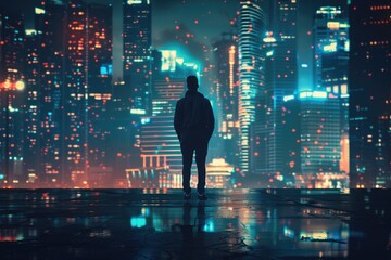 A man standing in the middle of a city at night. Suitable for urban lifestyle concepts