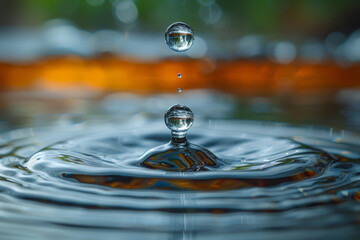 A single droplet of water suspended in mid-air, capturing the delicate moment of condensation. Concept of purity and hydration. Generative Ai.