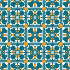 Arabic geometric mosaic printable seamless pattern with abstract Moroccan print in blue and orange colors. Ramadan Kareem Traditional Islamic art Illustration background