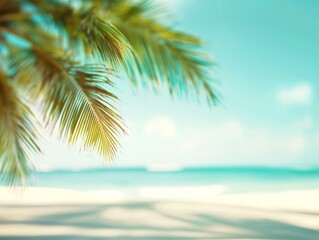 Blur nature summer vacation background, green palm leaf on tropical beach with sun light and wave background