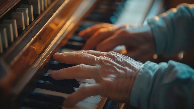 Close up of a person playing a piano. Ideal for music and performance concepts