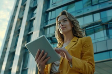 Portrait of a successful business woman using digital tablet in front of modern business building