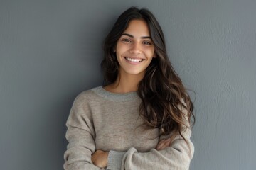 Obraz premium Latin woman with crossed arms smiling against grey wall.