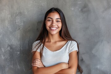 Latin woman with crossed arms smiling against grey wall.