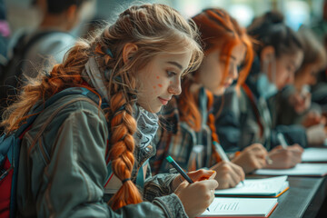 A group of students signing each other's yearbooks, leaving heartfelt messages and inside jokes as keepsakes. Concept of friendship and camaraderie. Generative Ai.