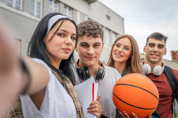 group of teenage students self portrait selfie of gen z sit in campus