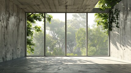 empty concrete room with large window on nature background, Empty space for product presentation