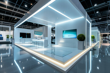 Obraz premium Sleek Modern Exhibition Booth with Blue Neon Lighting in a Spacious Convention Center