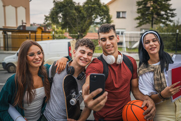 group of teenage students self portrait selfie of gen z sit in campus