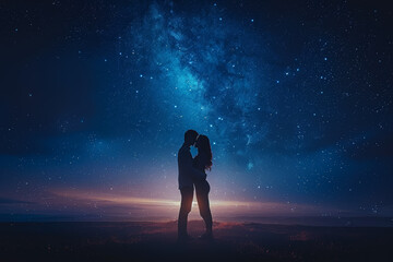 A couple embracing under a starry sky, their silhouettes illuminated by the moonlight. Concept of romance and intimacy. Generative Ai.