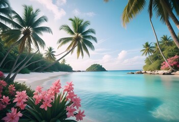 Tropical and Beach Island Landscape Beautiful View with flowers 