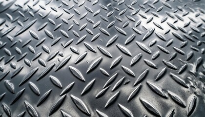 Fototapeta premium Silver Metal Diamond Plate with Rust. Close-up of a silver metal diamond plate featuring rust and signs of wear, showcasing an industrial and aged look.