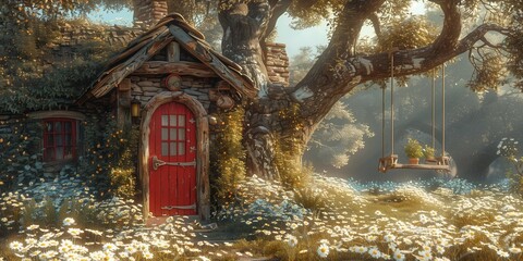 Rustic Charm: Red Door Cottage in Daisy Field, generative ai