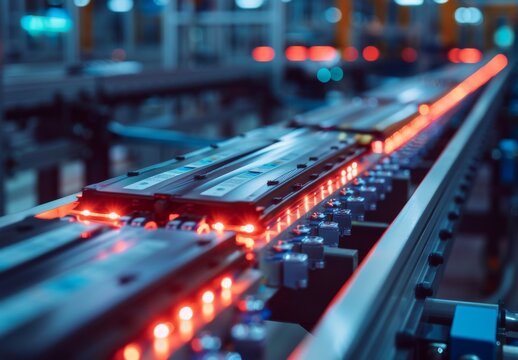 Close-up of lithium-ion cells in high-voltage electric vehicle battery production. Automotive industry battery cells on a high-capacity conveyor line.