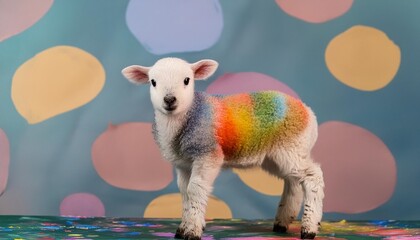a rainbow colored lamb stands against a pure backdrop dabbed with colorful spots