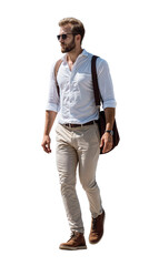Fototapeta premium Isolated walking handsome young man wearing beige chinos and holding a bag, png,cutout on transparent background, ready for architectural visualisation 
