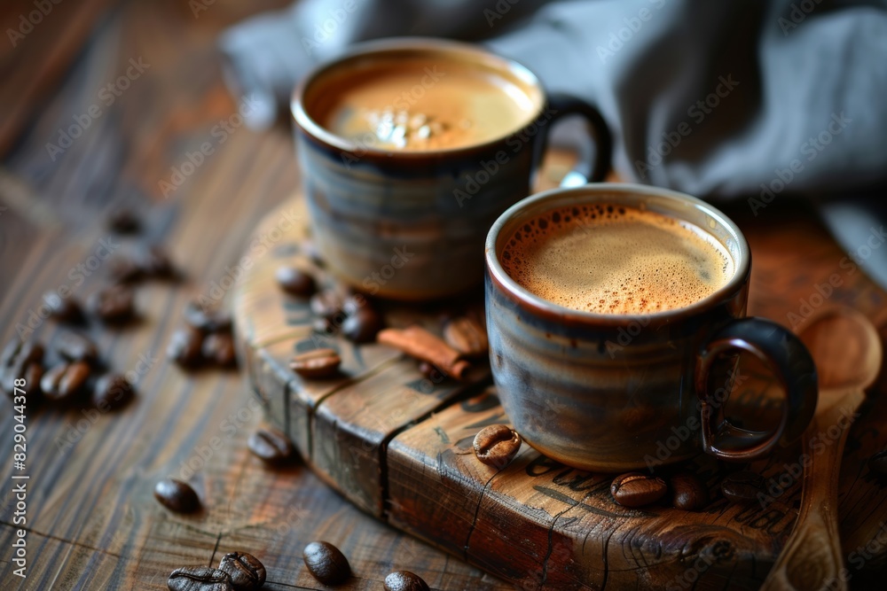 Poster two cups of aromatic coffee rest on a wooden table. generative ai