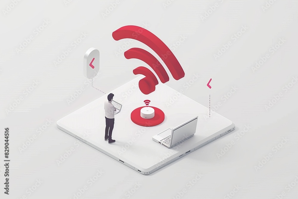 Wall mural Businessman with red Wi Fi symbol on a white background, emphasizing technology integration in modern workspaces