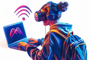 Person using a laptop with a large Wi Fi symbol and digital elements, representing modern internet connectivity and technology