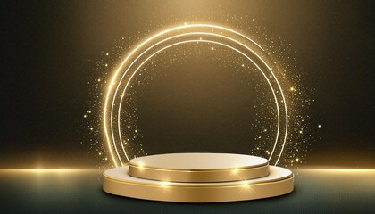 podium and gold line circle frame elements with glitter light effects decorations luxury background