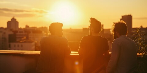 Fototapeta premium A serene moment captured as three individuals admire a sunset amidst urban landscape, exemplifying camaraderie and reflection