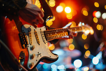 Man playing electric guitar on stage with bokeh lights in the background